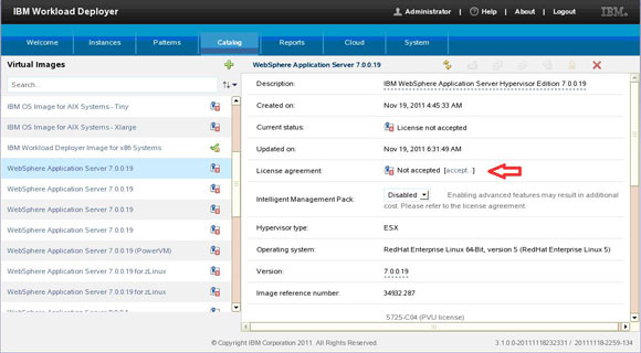 接受 WebSphere Application Server 7.0.0.19 虚拟镜像的许可